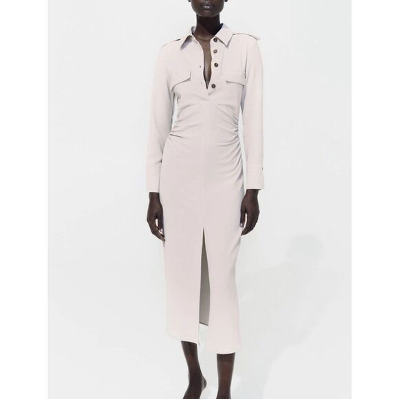 Zara New Women’s Taupe Long Sleeve Top Button Midi Dress M Medium - Picture 2 of 4